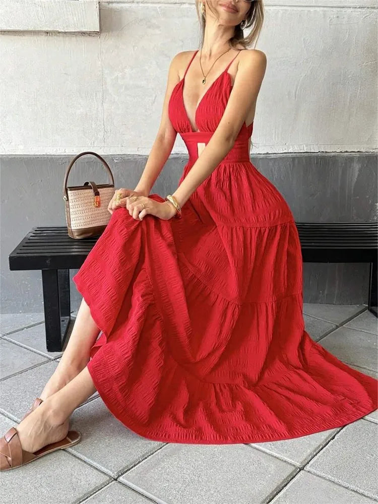 Rotes V-Ausschnitt Rückenkleid