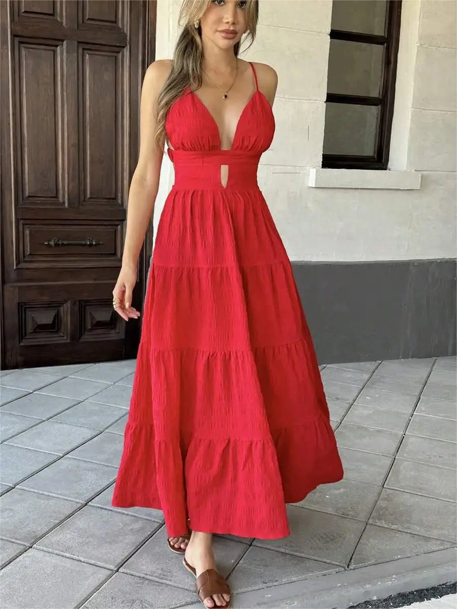 Rotes V-Ausschnitt Rückenkleid