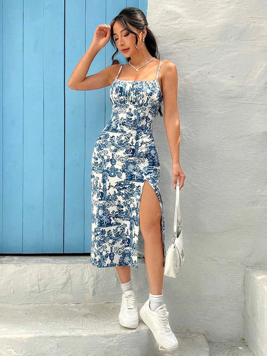 Blaues Blumen-Kleid mit dünnen Trägern